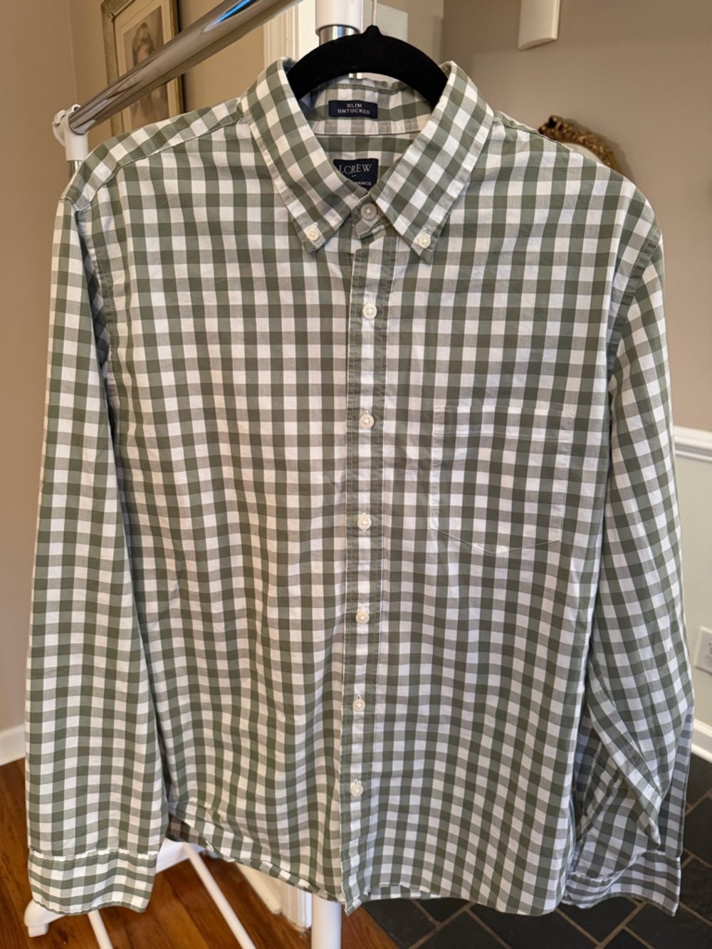 J. Crew Men's Olive and White Gingham Button-Down Shirt
